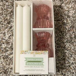 Elegant Pink Glass Candle Holder Set with White Taper Candles